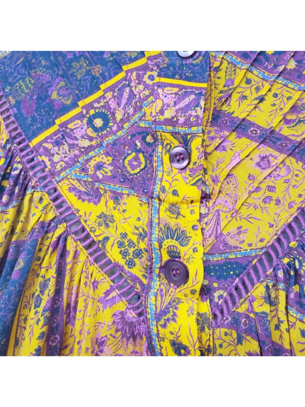 Oliveaceous Yellow Purple Long Sleeve Top Floral Paisley Cottage Core Boho Fall - Picture 9 of 11